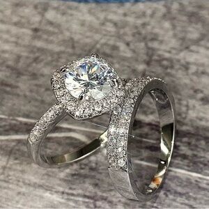Sterling Silver White Halo Engagement Ring Set - Bridal Band and Solitaire